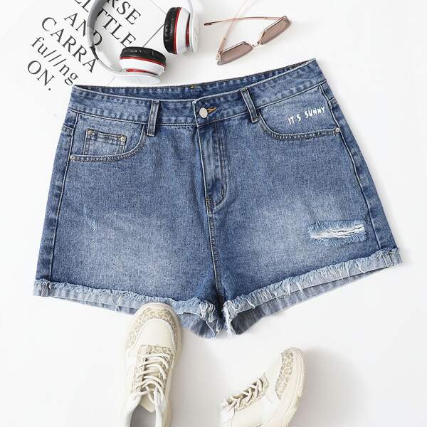 

Plus Letter Graphic Ripped Roll Hem Denim Shorts, Medium wash