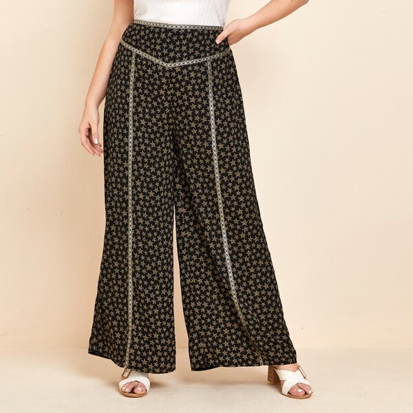 

Plus Allover Star Print Wide Leg Pants, Black