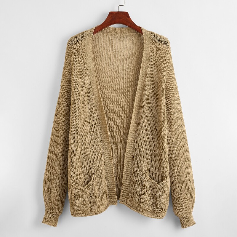 

Dual Pocket Open Front Solid Cardigan, Khaki