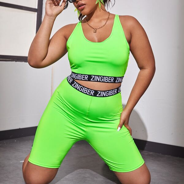 

Plus Neon Green Letter Tape Sports Bra & Biker Shorts, Green neon