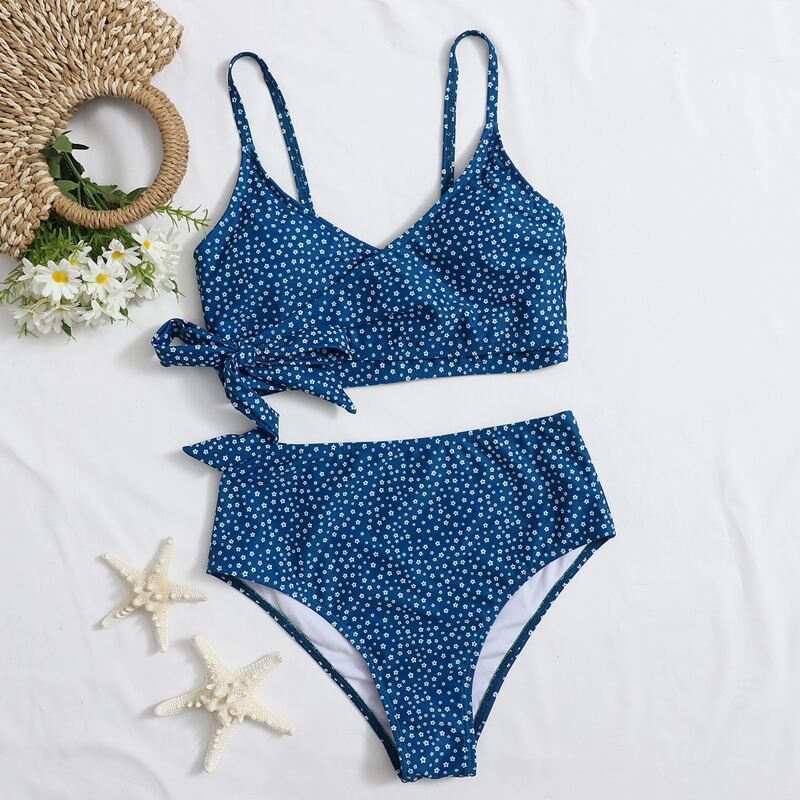 

Ditsy Floral Wrap Knot Side Bikini Swimsuit, Blue