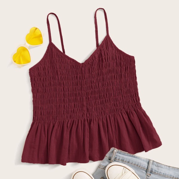 

Plus Shirred Ruffle Hem Cami Top, Maroon