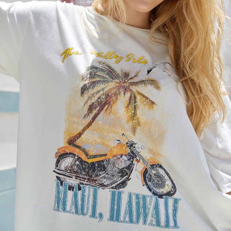 

Motorcycle & Letter Graphic Oversized Tee, White