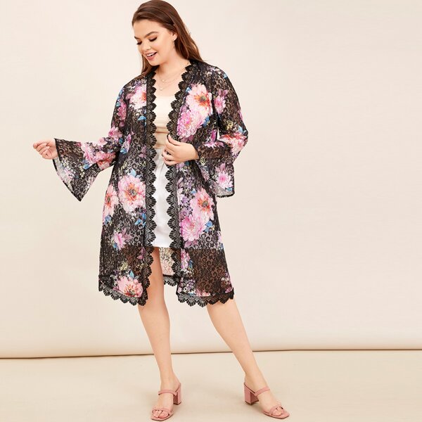

Plus Flounce Sleeve Floral Lace Kimono, Black