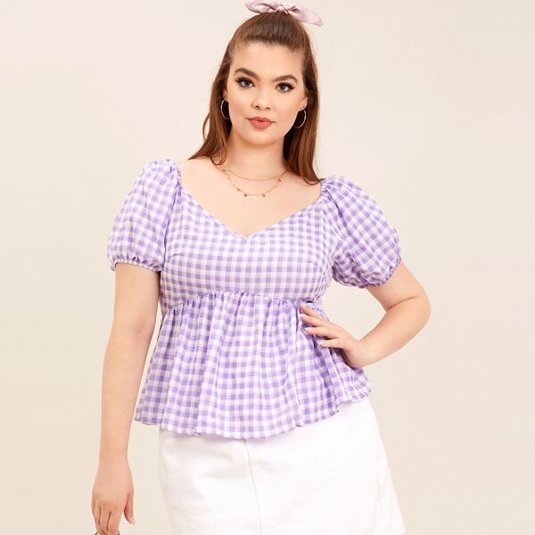 

Plus Puff Sleeve Gingham Peplum Top, Lilac purple