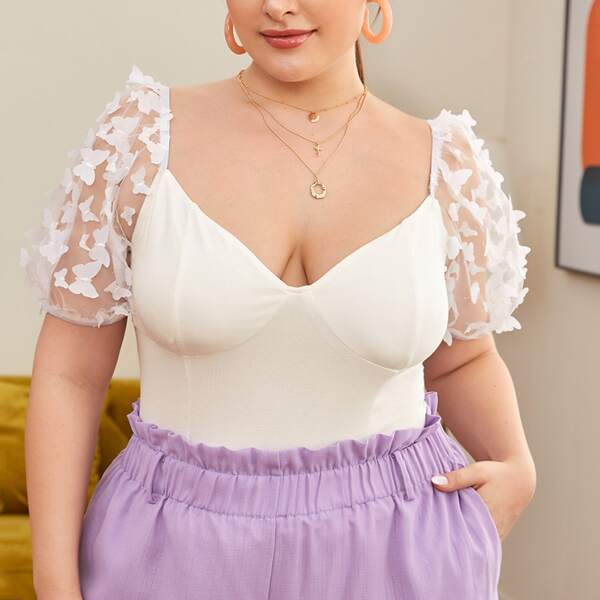 

Plus Sweetheart Neck Appliques Mesh Puff Sleeve Top, White