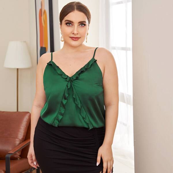 

Plus Ruffle Trim Satin Cami Top, Green