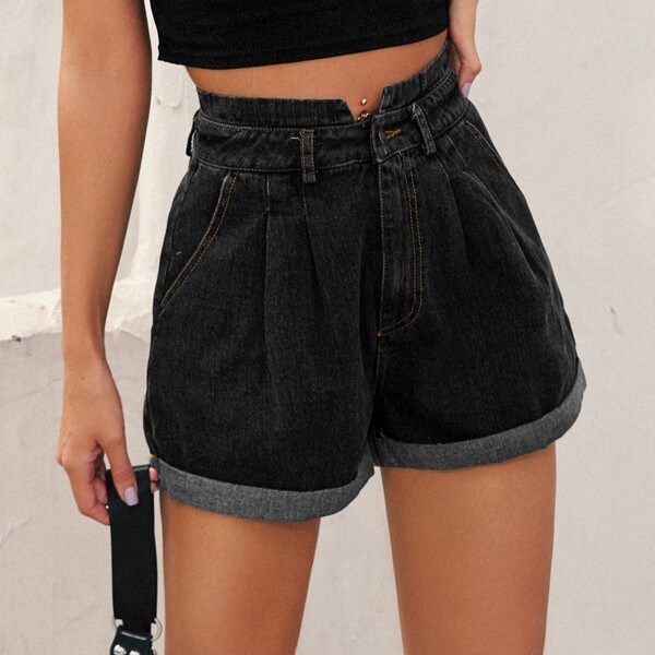 

Roll Up Hem Button Fly Denim Shorts, Dark grey
