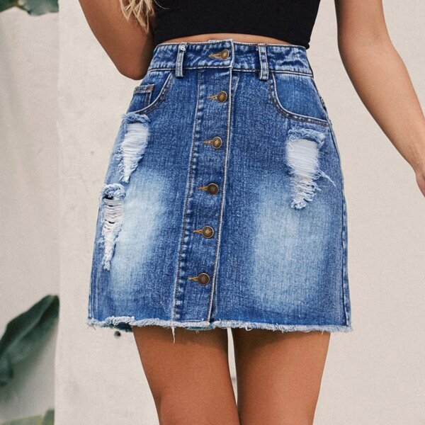 

Ripped Button Front Raw Hem Denim Skirt, Medium wash