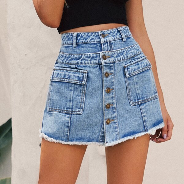 

Button Front Raw Hem Denim Culotte Shorts, Light wash