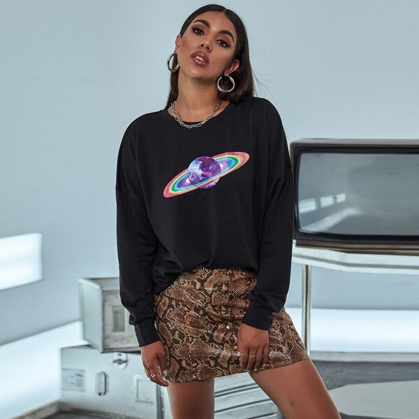 

Planet Print Drop Shoulder Oversized Sweatshirt, Black