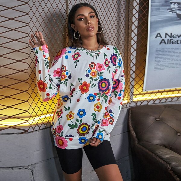 

Floral Print Drop Shoulder Oversized Sweatshirt, White