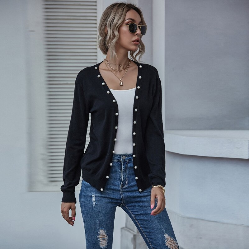 

Pearls Beaded Open Front Cardigan, Black