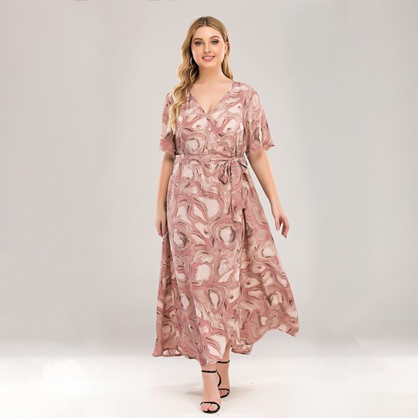 

Plus Marble Print Belted Wrap Dress, Dusty pink