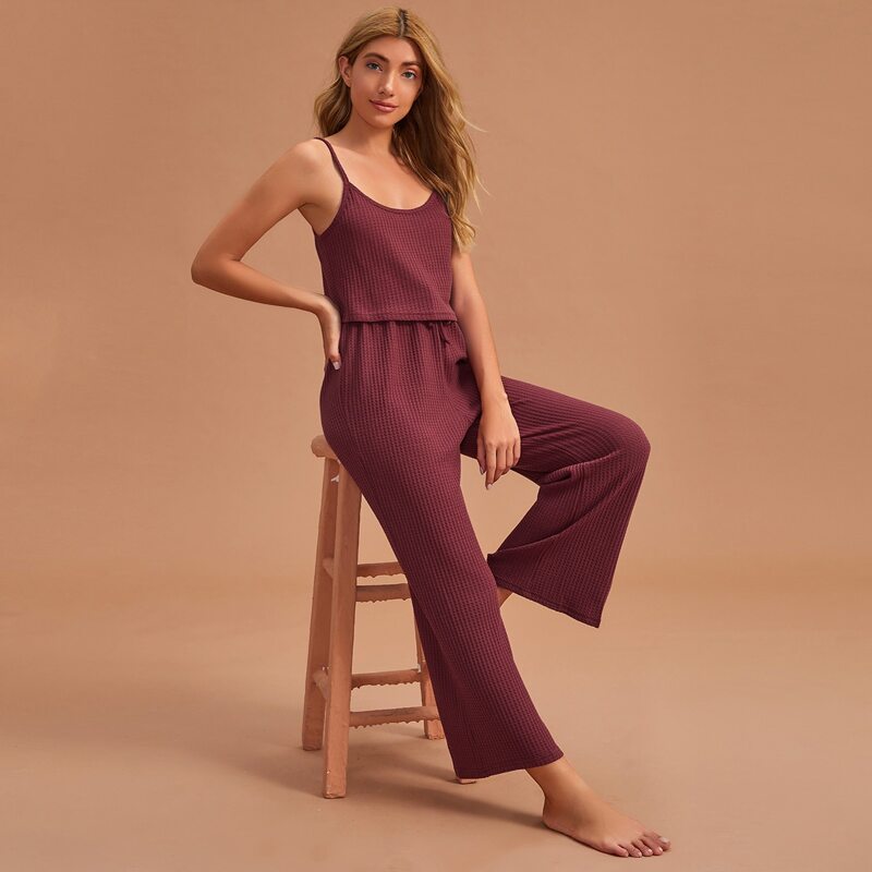 

Solid Crop Cami Top PJ Set, Rose red