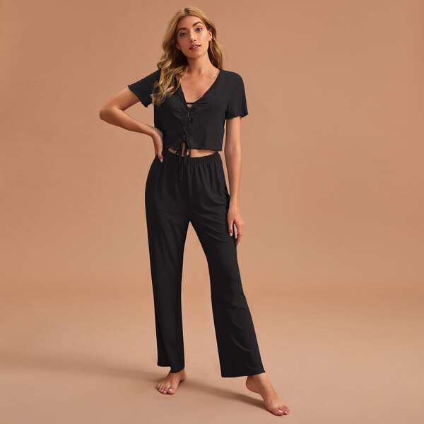 

Lace Up Front Lettuce Trim Top PJ Set, Black