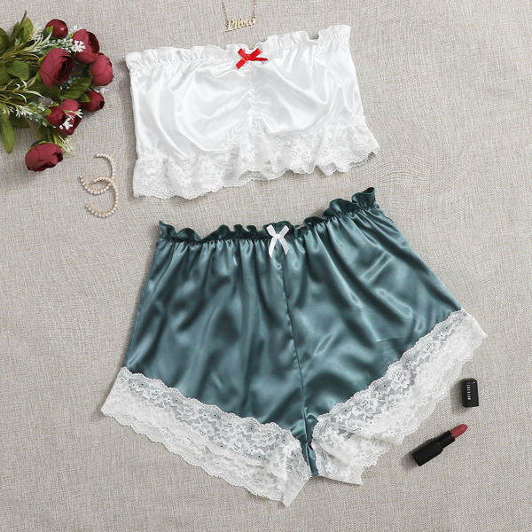 

Contrast Lace Bow Front Satin Tube Pajama Set, Multicolor