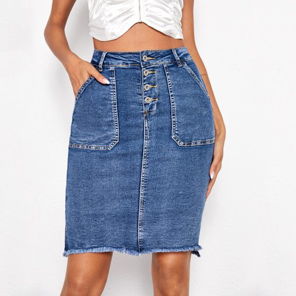 

Raw Hem Button Front Denim Skirt, Medium wash
