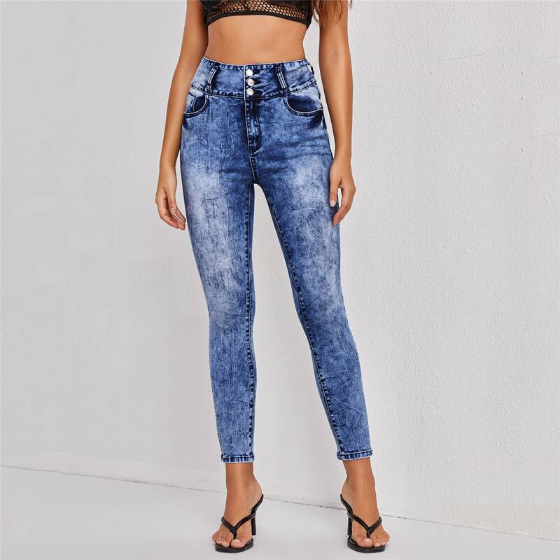 

Acid Wash Button Wide Waistband Skinny Jeans, Medium wash