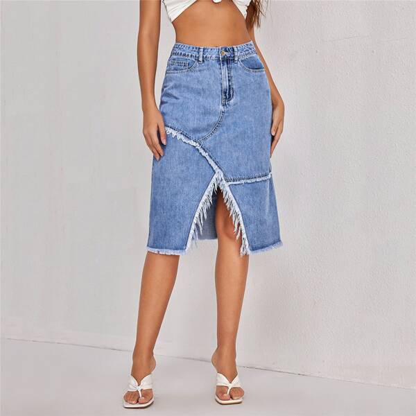 

Raw Edge Wrap Hem Denim Skirt, Medium wash