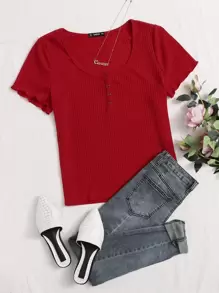 SHEIN Essnce 大碼紐扣生菜邊羅紋針織上衣 - 酒紅色 - 查看 1