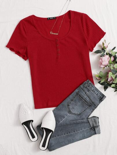 SHEIN Essnce Plus Buttoned Front Lettuce Trim Rib-knit Top