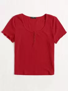 SHEIN Essnce 大碼紐扣生菜邊羅紋針織上衣 - 酒紅色 - 查看 3