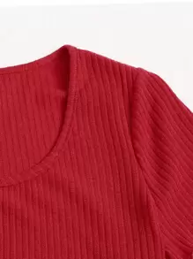 SHEIN Essnce 大碼紐扣生菜邊羅紋針織上衣 - 酒紅色 - 查看 5