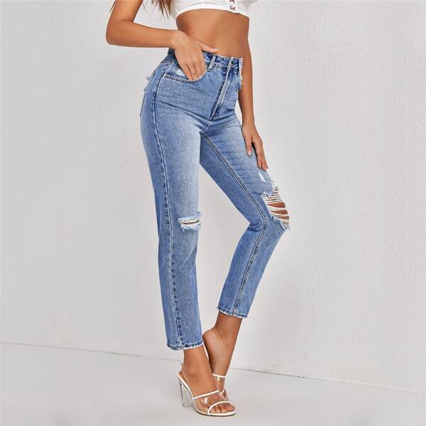 

High Waisted Slant Pocket Ripped Jeans, Light wash