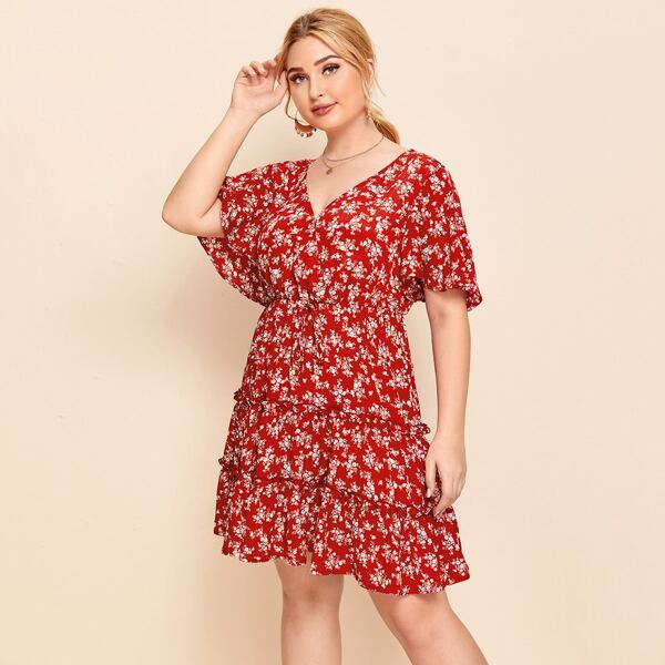 

Plus Surplice Neck Butterfly Sleeve Frill Detail Ditsy Floral Dress, Red