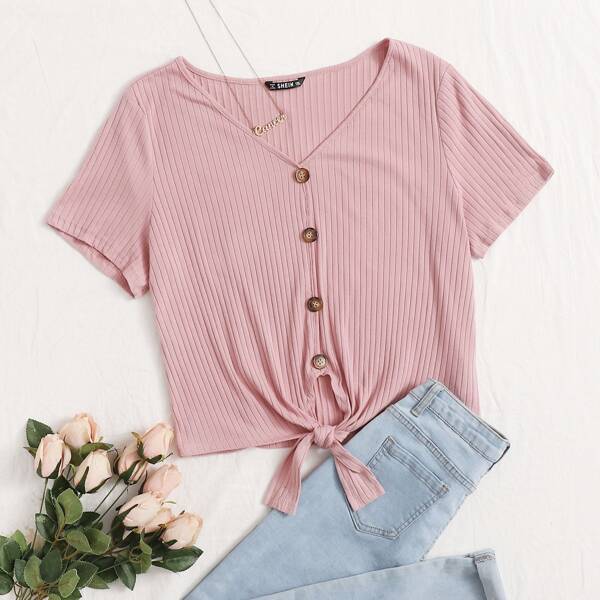 

Plus Button Front Tie Hem Top, Pastel baby pink