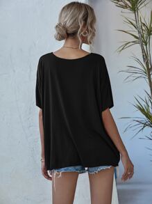 SHEIN LUNE V-neck Batwing Sleeve Slouchy Tee - Black - View 2