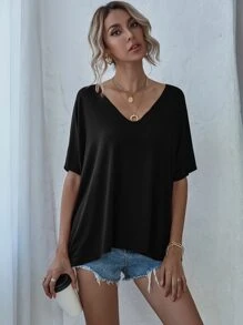SHEIN LUNE V-neck Batwing Sleeve Slouchy Tee - Black - View 3