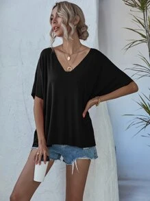 SHEIN LUNE V-neck Batwing Sleeve Slouchy Tee - Black - View 4