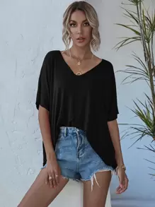 SHEIN LUNE V-neck Batwing Sleeve Slouchy Tee - Black - View 7