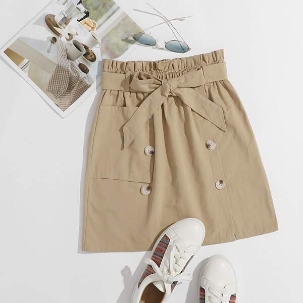 

Button Detail Paper Bag Waist Skirt With Belt, Khaki