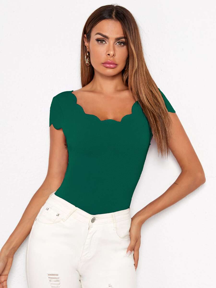 SHEIN Clasi Áo thun Sò điệp màu trơn màu xanh lá Giải trí - màu xanh lá - Xem 1
