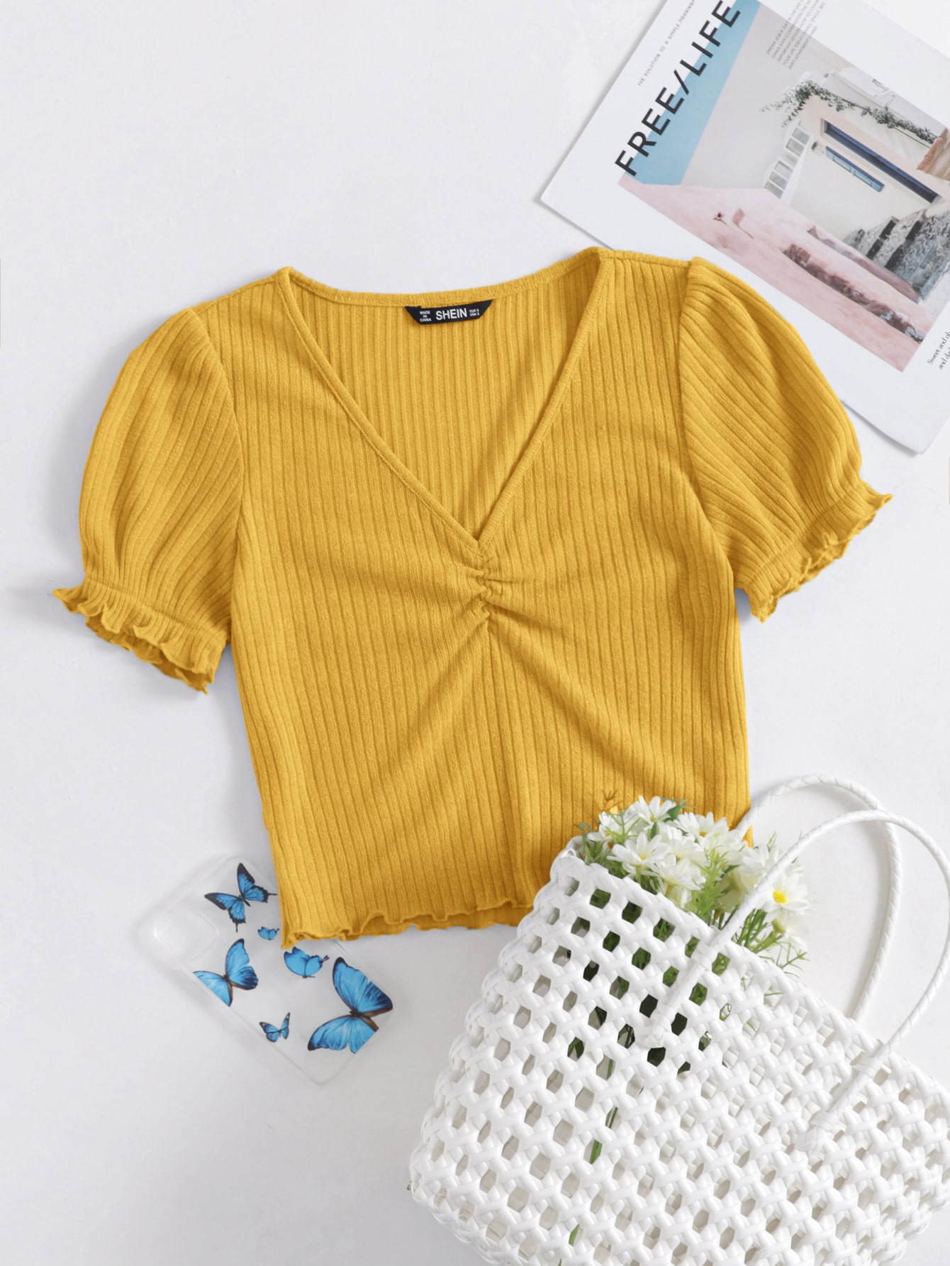 Puff Sleeve Lettuce Hem Ruched Bust Rib-knit Tee thumbnail