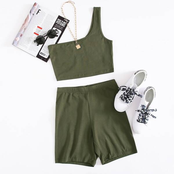 

One Shoulder Solid Crop Top & Biker Shorts Set, Army green