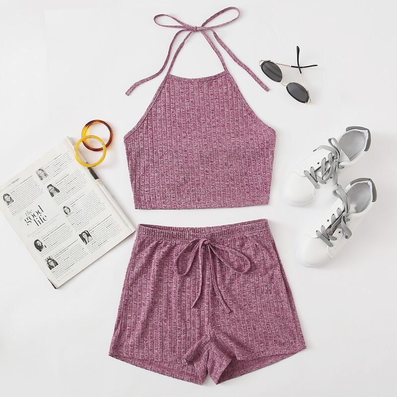 

Self Tie Rib-knit Halter Top & Shorts Set, Burgundy