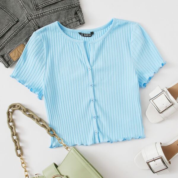

Button Front Lettuce Trim Rib-knit Tee, Mint blue