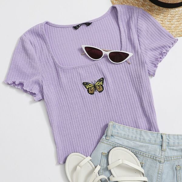 

Butterfly Embroidered Lettuce Edge Tee, Pastel lilac purple