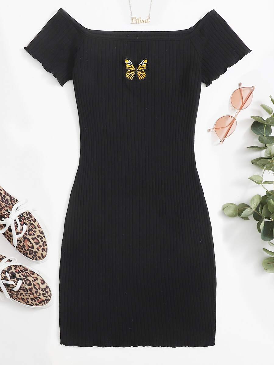 SHEIN EZwear Butterfly Embroidered Lettuce Edge Rib-knit Dress - Black - View 1