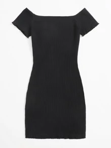 SHEIN EZwear Butterfly Embroidered Lettuce Edge Rib-knit Dress - Black - View 2