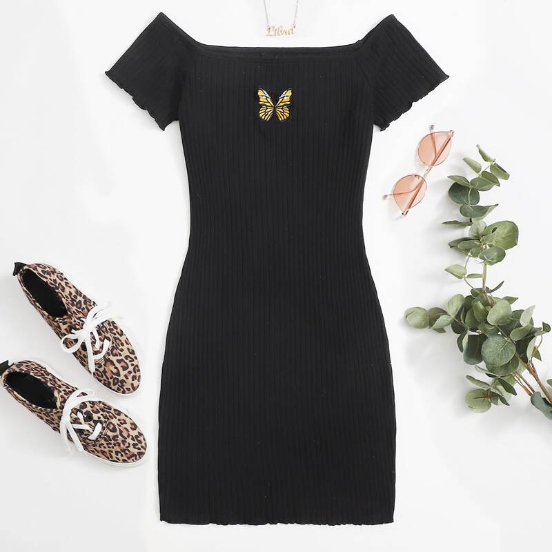 

Butterfly Embroidered Lettuce Edge Rib-knit Dress, Black