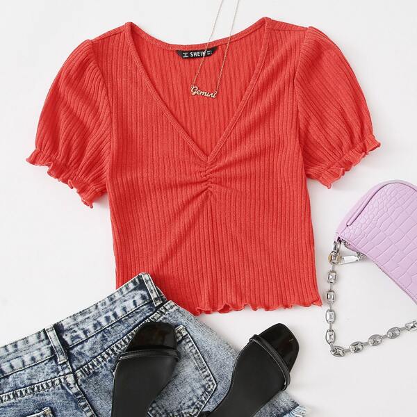 

Puff Sleeve Lettuce Hem Ruched Bust Rib-knit Tee, Red