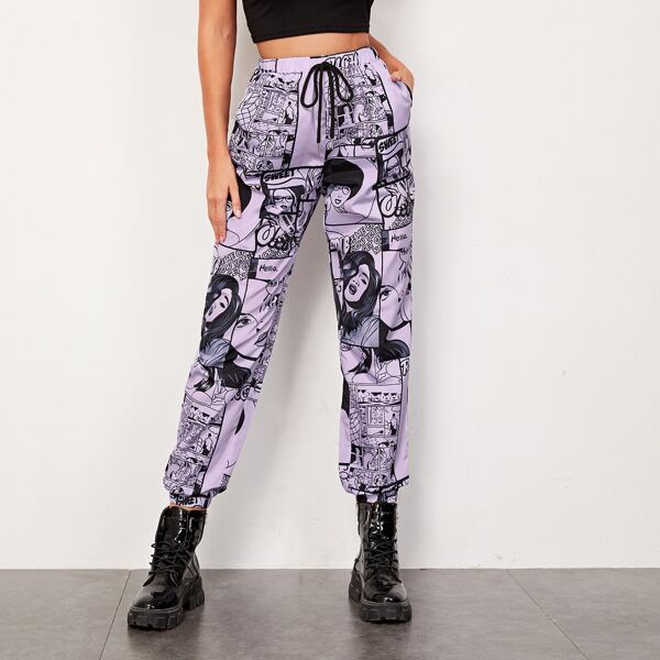 

Knot Waist Pop Art Print Wind Joggers, Lilac purple