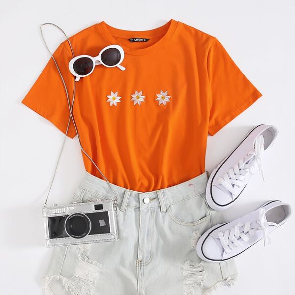 

Neon Orange Floral Embroidery Tee, Orange neon