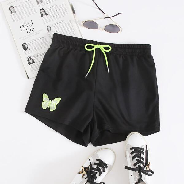 

Drawstring Waist Embroidery Butterfly Shorts, Black