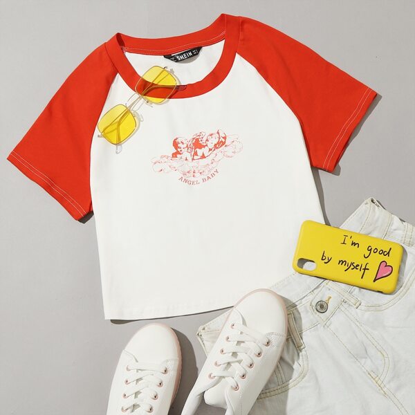 

Raglan Sleeve Angel Print Tee, White